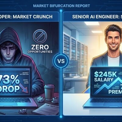 Split-screen showing junior developer hiring collapse 73% on left versus AI engineer salary premium 70% on right, illustrating software engineer market bifurcation