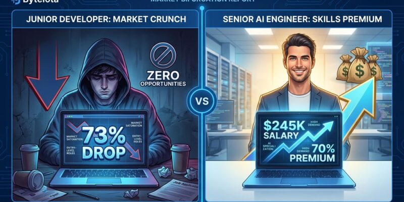 Split-screen showing junior developer hiring collapse 73% on left versus AI engineer salary premium 70% on right, illustrating software engineer market bifurcation