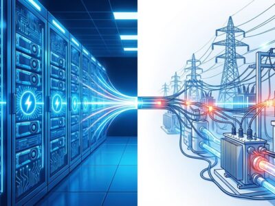 Split-scene illustration showing AI data center with GPU racks on left and electrical power infrastructure on right, connected by bottleneck, representing AI energy crisis