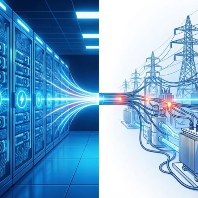 Split-scene illustration showing AI data center with GPU racks on left and electrical power infrastructure on right, connected by bottleneck, representing AI energy crisis