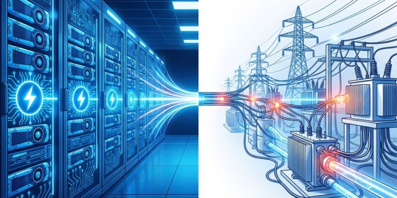 Split-scene illustration showing AI data center with GPU racks on left and electrical power infrastructure on right, connected by bottleneck, representing AI energy crisis