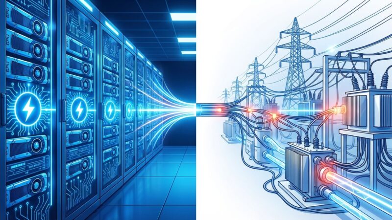 Split-scene illustration showing AI data center with GPU racks on left and electrical power infrastructure on right, connected by bottleneck, representing AI energy crisis