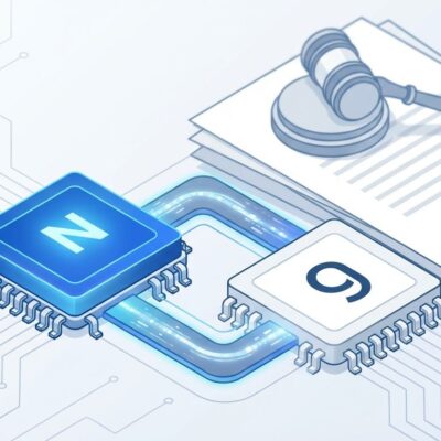 Nvidia and Groq AI chip companies merger with regulatory oversight symbolism, blue and white professional design