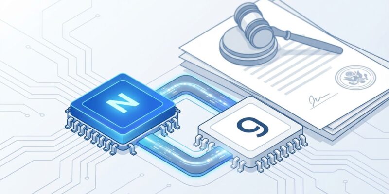 Nvidia and Groq AI chip companies merger with regulatory oversight symbolism, blue and white professional design