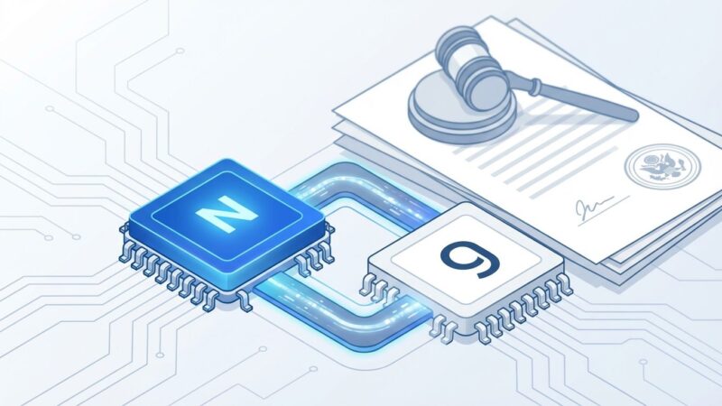 Nvidia and Groq AI chip companies merger with regulatory oversight symbolism, blue and white professional design