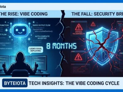 Split-screen showing vibe coding rise and fall AI code generation and security vulnerabilities timeline