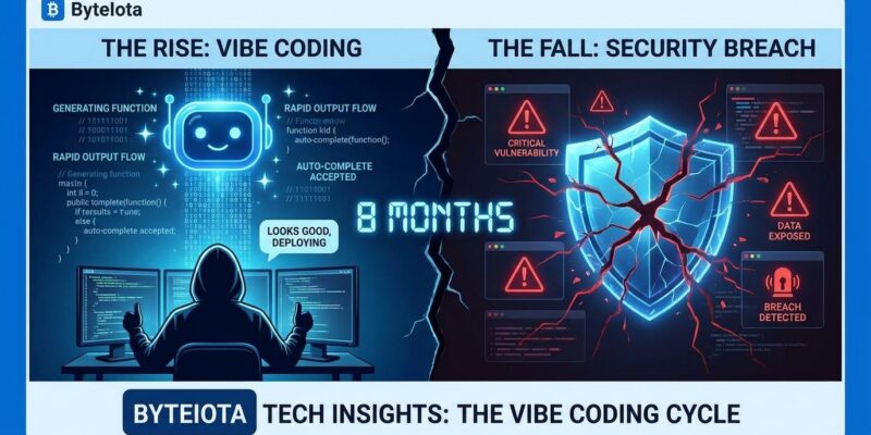 Split-screen showing vibe coding rise and fall AI code generation and security vulnerabilities timeline