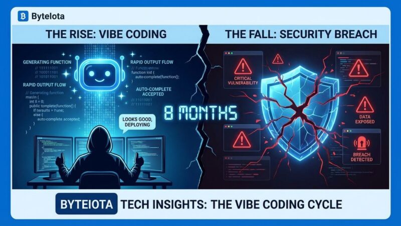 Split-screen showing vibe coding rise and fall AI code generation and security vulnerabilities timeline