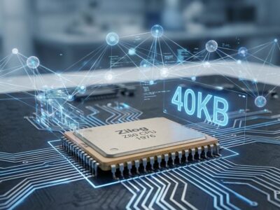 Z80 processor chip with AI neural network visualization in blue and white, showing 40KB text, representing vintage computing meets modern AI