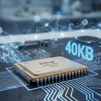 Z80 processor chip with AI neural network visualization in blue and white, showing 40KB text, representing vintage computing meets modern AI