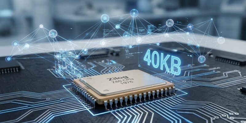 Z80 processor chip with AI neural network visualization in blue and white, showing 40KB text, representing vintage computing meets modern AI