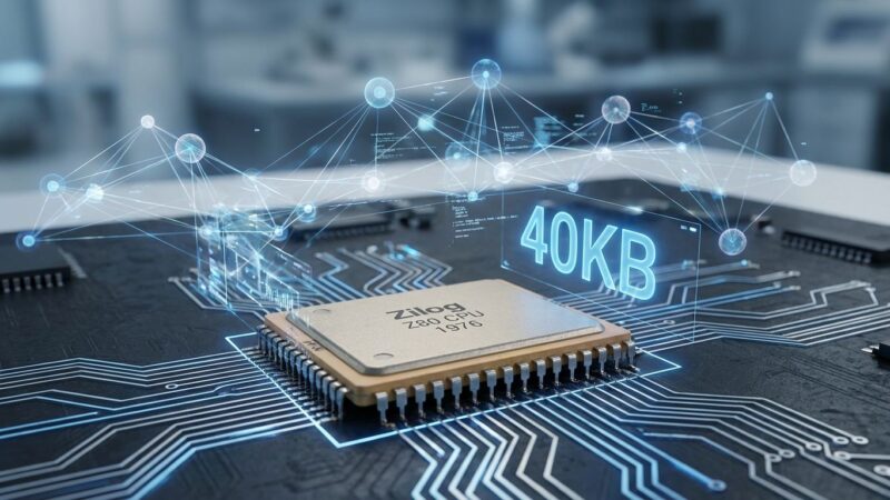 Z80 processor chip with AI neural network visualization in blue and white, showing 40KB text, representing vintage computing meets modern AI