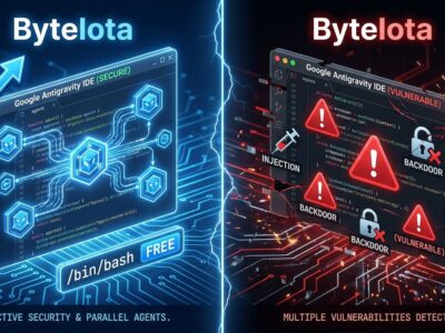 Google Antigravity IDE split-screen showing innovation and security vulnerabilities