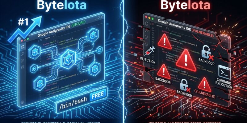 Google Antigravity IDE split-screen showing innovation and security vulnerabilities