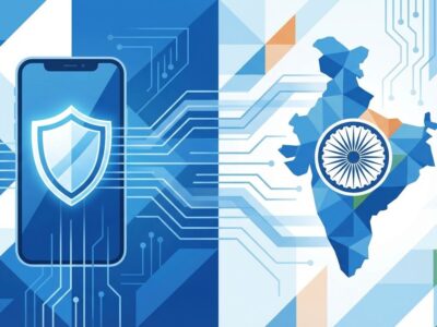 Smartphone with privacy shield confronting government surveillance symbols representing Apple India app mandate standoff