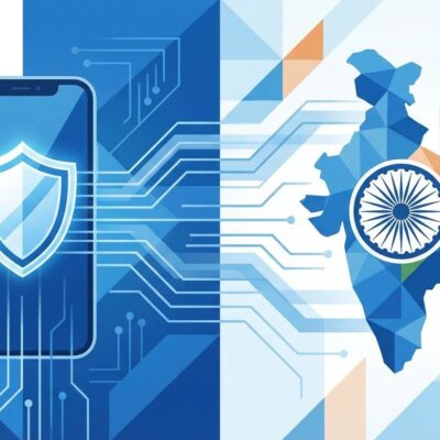 Smartphone with privacy shield confronting government surveillance symbols representing Apple India app mandate standoff