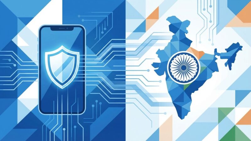 Smartphone with privacy shield confronting government surveillance symbols representing Apple India app mandate standoff