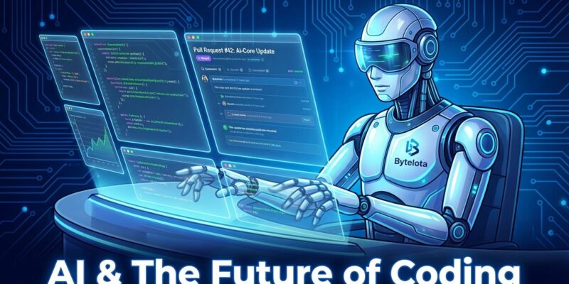 AI robot coding autonomously on multiple screens - AWS Kiro illustration