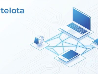 Multiple consumer devices (laptop, smartphone, smartwatch) connected in a peer-to-peer AI cluster with blue network topology