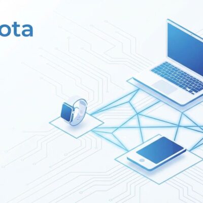 Multiple consumer devices (laptop, smartphone, smartwatch) connected in a peer-to-peer AI cluster with blue network topology