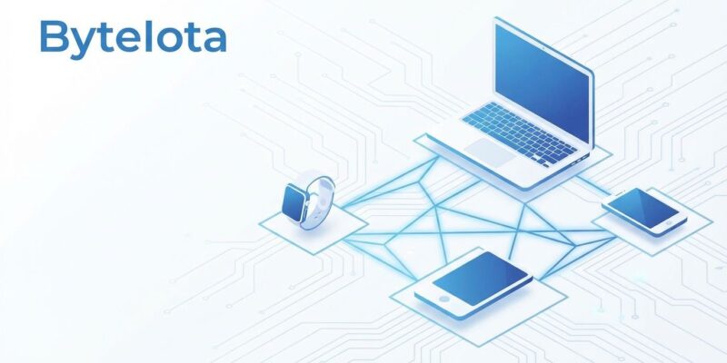 Multiple consumer devices (laptop, smartphone, smartwatch) connected in a peer-to-peer AI cluster with blue network topology