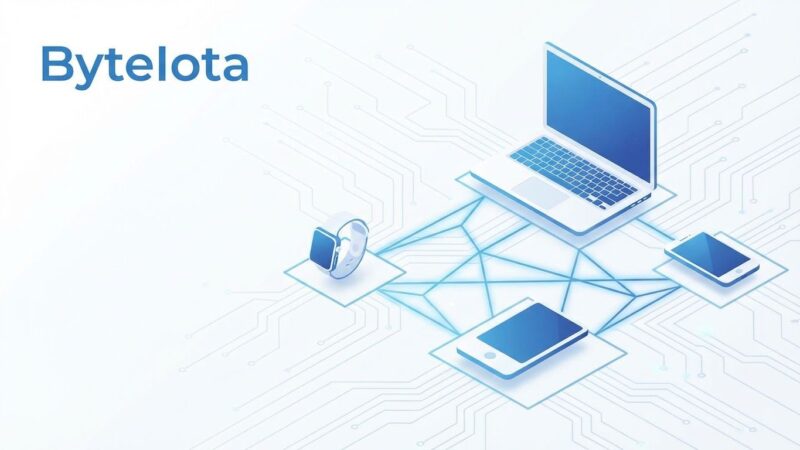 Multiple consumer devices (laptop, smartphone, smartwatch) connected in a peer-to-peer AI cluster with blue network topology