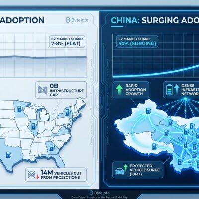 Split visualization showing US EV market stalled at 7-8% with scattered infrastructure versus China at 50% penetration with dense charging network