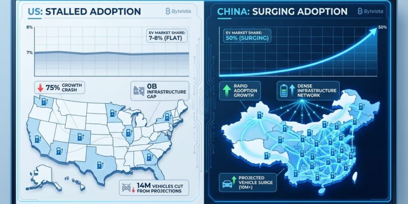 Split visualization showing US EV market stalled at 7-8% with scattered infrastructure versus China at 50% penetration with dense charging network