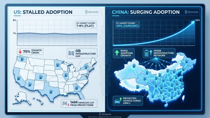 Split visualization showing US EV market stalled at 7-8% with scattered infrastructure versus China at 50% penetration with dense charging network