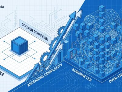 Isometric illustration comparing simple Docker Compose container with complex Kubernetes infrastructure showing over-engineering