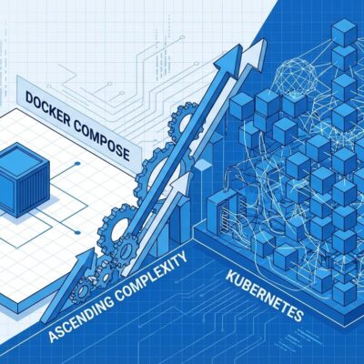 Isometric illustration comparing simple Docker Compose container with complex Kubernetes infrastructure showing over-engineering