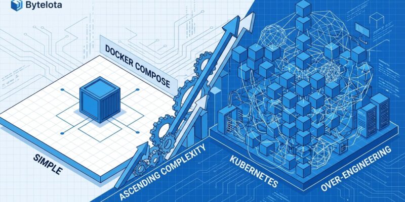Isometric illustration comparing simple Docker Compose container with complex Kubernetes infrastructure showing over-engineering