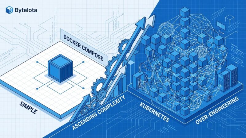 Isometric illustration comparing simple Docker Compose container with complex Kubernetes infrastructure showing over-engineering