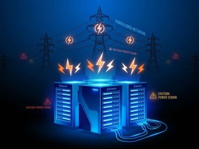 Data center servers with blue glow connected to electrical power grid showing power constraints and electricity demand crisis