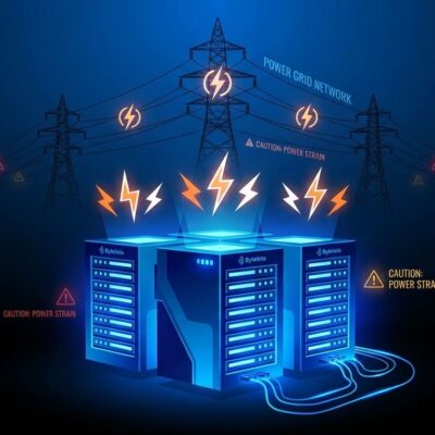 Data center servers with blue glow connected to electrical power grid showing power constraints and electricity demand crisis