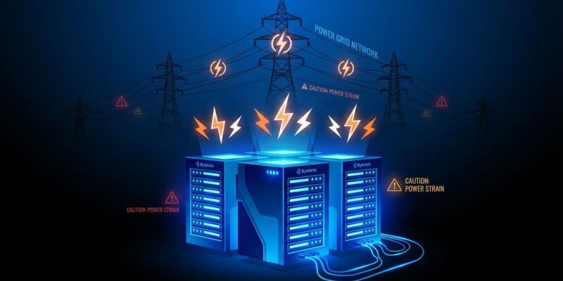 Data center servers with blue glow connected to electrical power grid showing power constraints and electricity demand crisis
