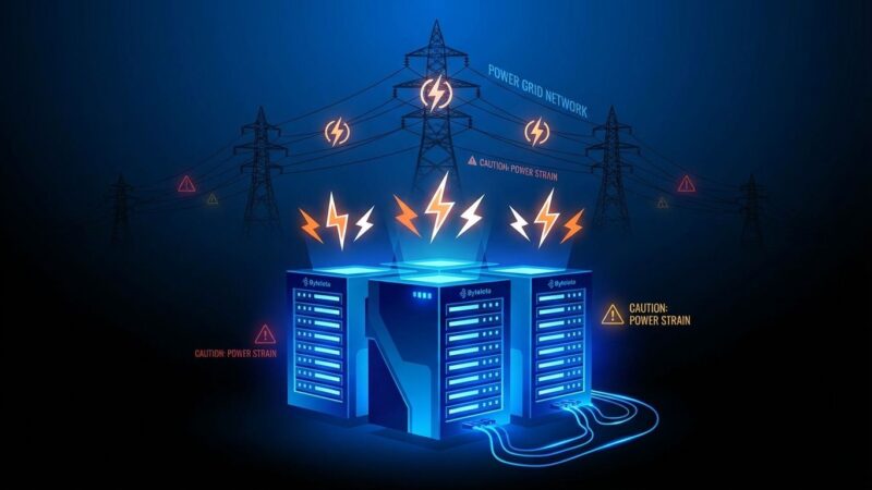 Data center servers with blue glow connected to electrical power grid showing power constraints and electricity demand crisis