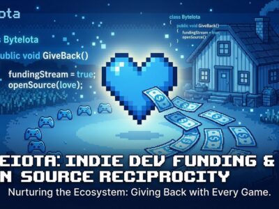 Conceptual illustration of indie game developer giving back to open source framework with blue heart symbol and game icons