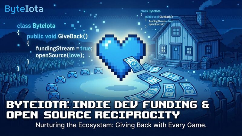 Conceptual illustration of indie game developer giving back to open source framework with blue heart symbol and game icons