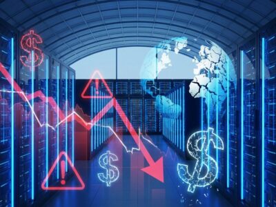 AI data center with financial crisis imagery showing ROI concerns