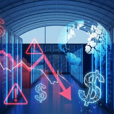 AI data center with financial crisis imagery showing ROI concerns