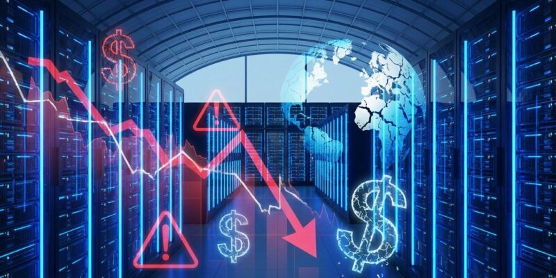 AI data center with financial crisis imagery showing ROI concerns