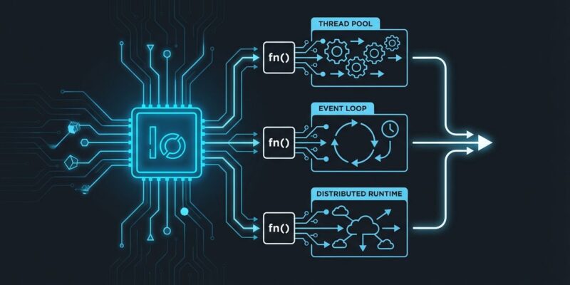 Diagram showing Zig's generic Io interface solving async programming's function coloring problem with multiple execution paths