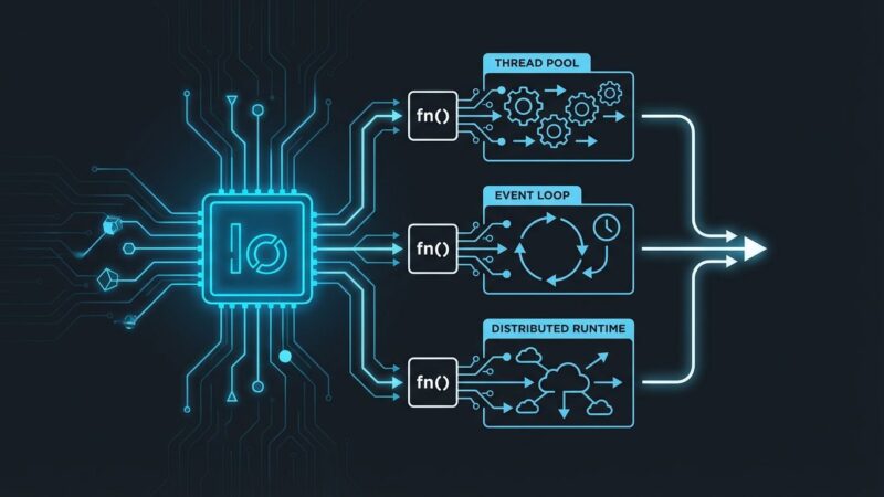 Diagram showing Zig's generic Io interface solving async programming's function coloring problem with multiple execution paths