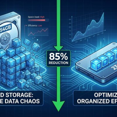 Split-screen comparison showing bloated 154GB hard drive with duplicated data on left versus optimized 23GB SSD storage on right, illustrating 85% install size reduction