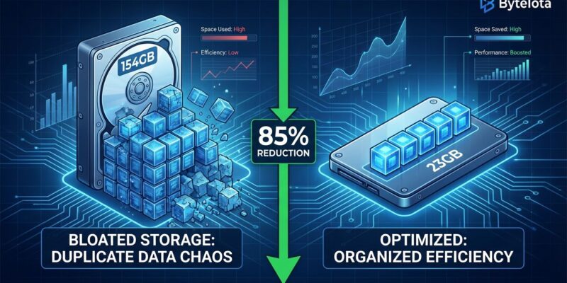Split-screen comparison showing bloated 154GB hard drive with duplicated data on left versus optimized 23GB SSD storage on right, illustrating 85% install size reduction