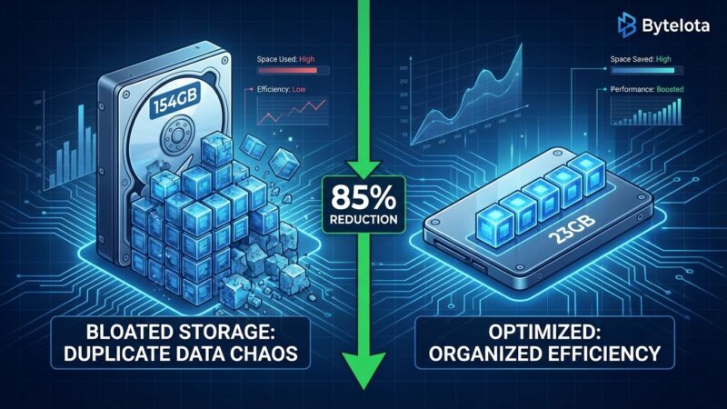 Split-screen comparison showing bloated 154GB hard drive with duplicated data on left versus optimized 23GB SSD storage on right, illustrating 85% install size reduction