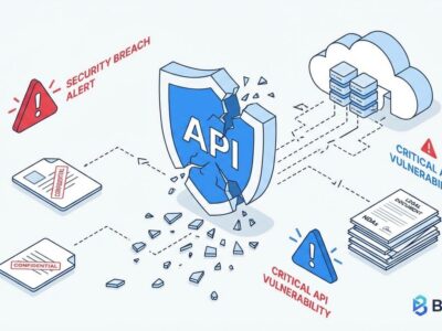 Security breach visualization showing broken API shield and exposed legal documents representing Filevine's zero-authentication vulnerability