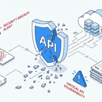 Security breach visualization showing broken API shield and exposed legal documents representing Filevine's zero-authentication vulnerability