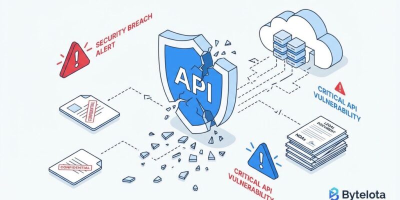 Security breach visualization showing broken API shield and exposed legal documents representing Filevine's zero-authentication vulnerability